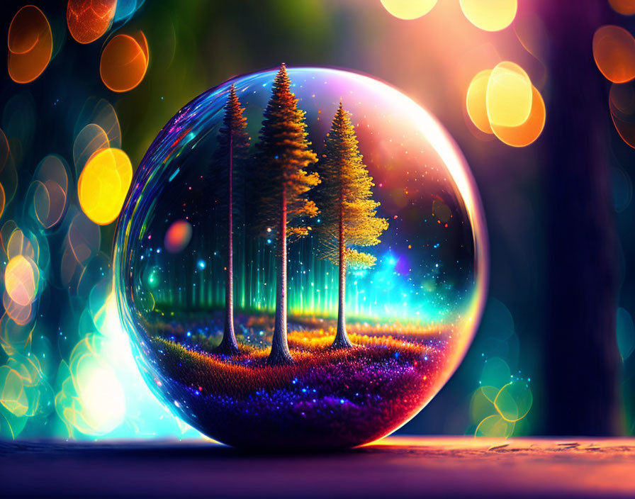 Colorful crystal ball with miniature forest on bokeh background