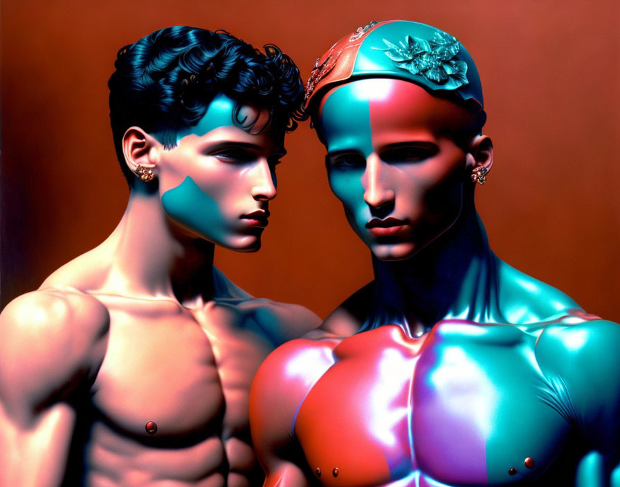 Vividly lit digital male figures with muscular definition