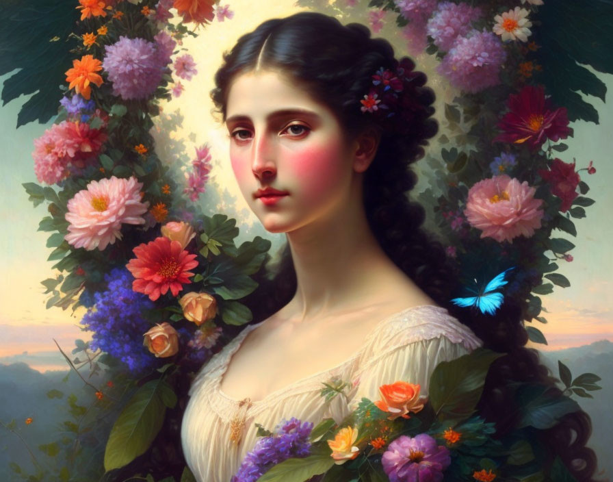 Young woman portrait with flowers and butterfly for a serene aesthetic.