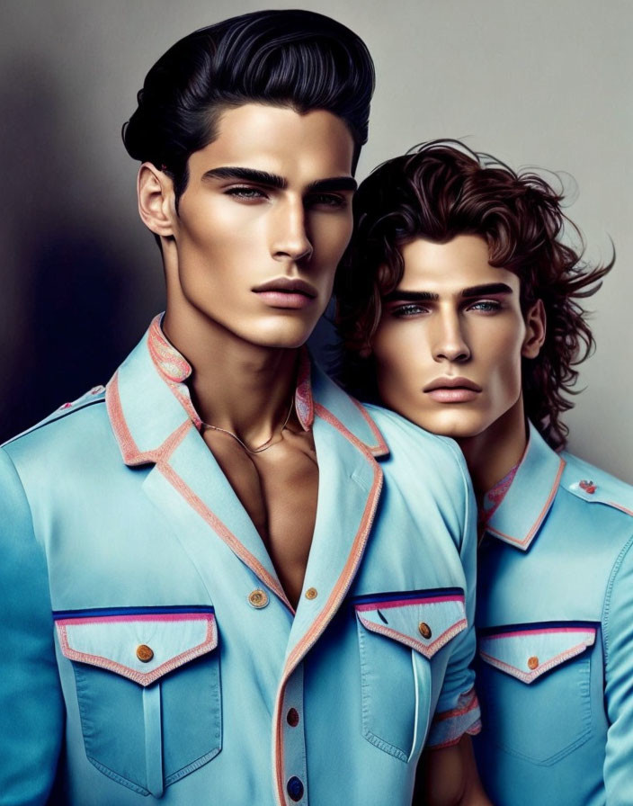 Stylized male figures in turquoise shirts with pink and yellow accents pose in fashion portrait