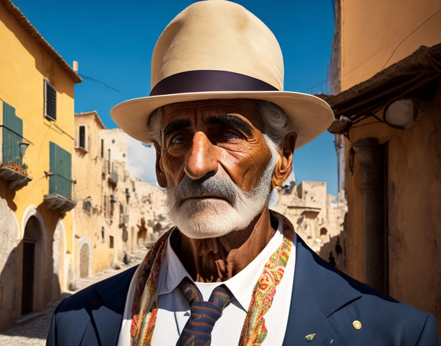 Elderly man in straw hat and scarf on cobblestone street.