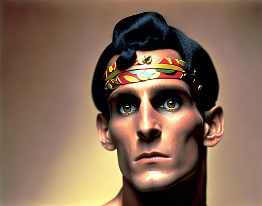 Stylized 3D illustration of a man with pompadour hairstyle and headband.