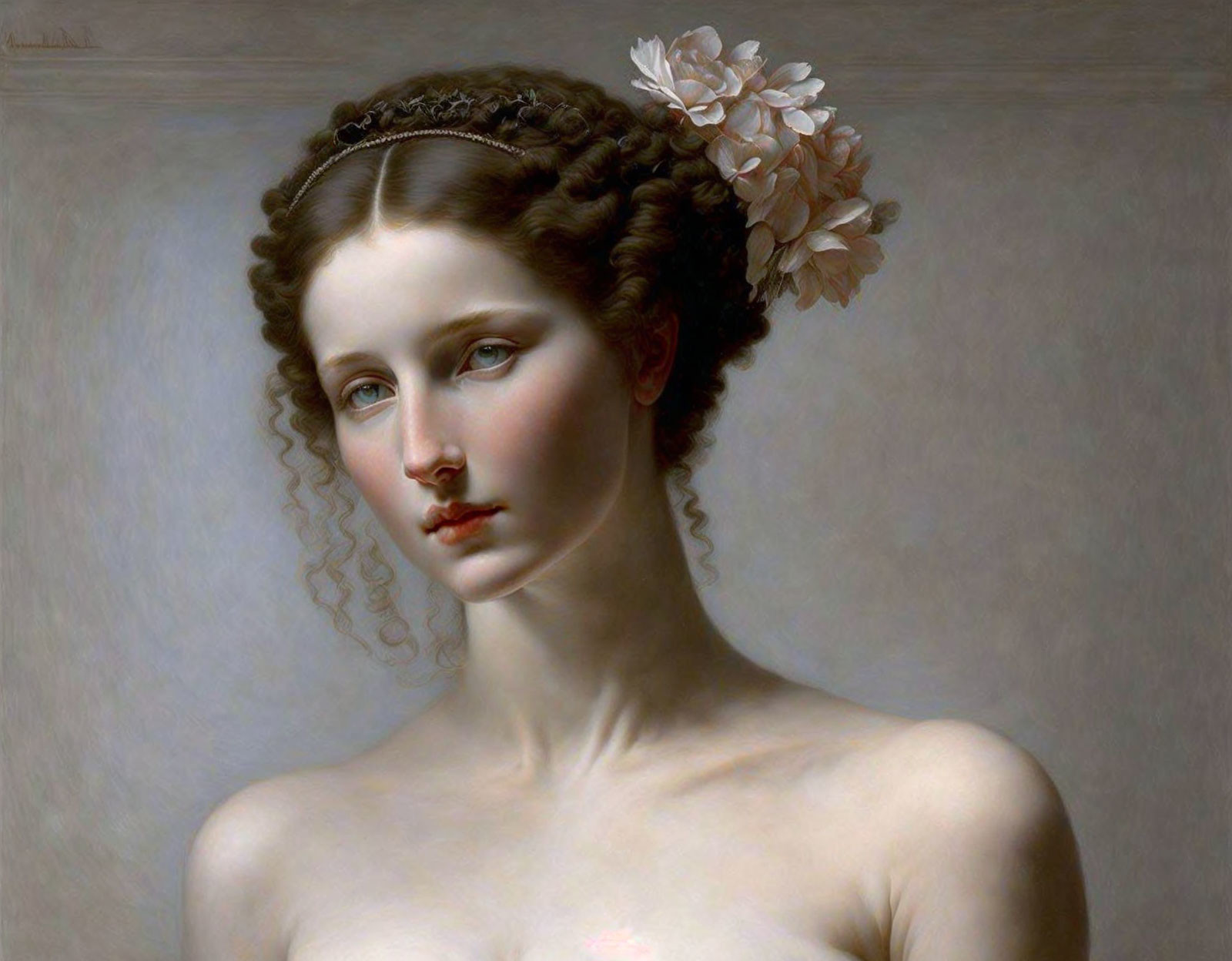 Portrait of Woman with Curly Hair and White Flowers