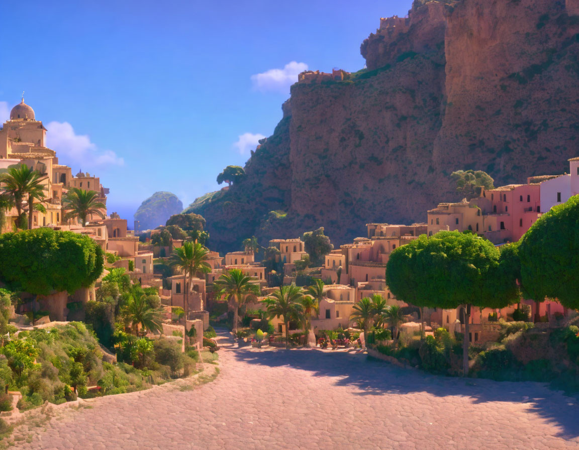 Picturesque village street with terracotta roofs and lush greenery.