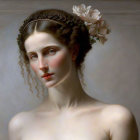 Portrait of Woman with Curly Hair and White Flowers