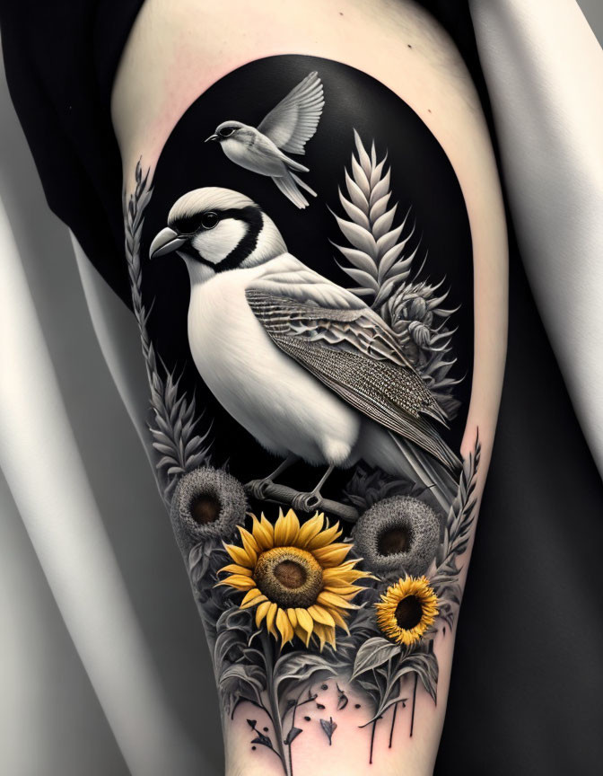 Realistic shrike bird tattoo with wheat and sunflowers.