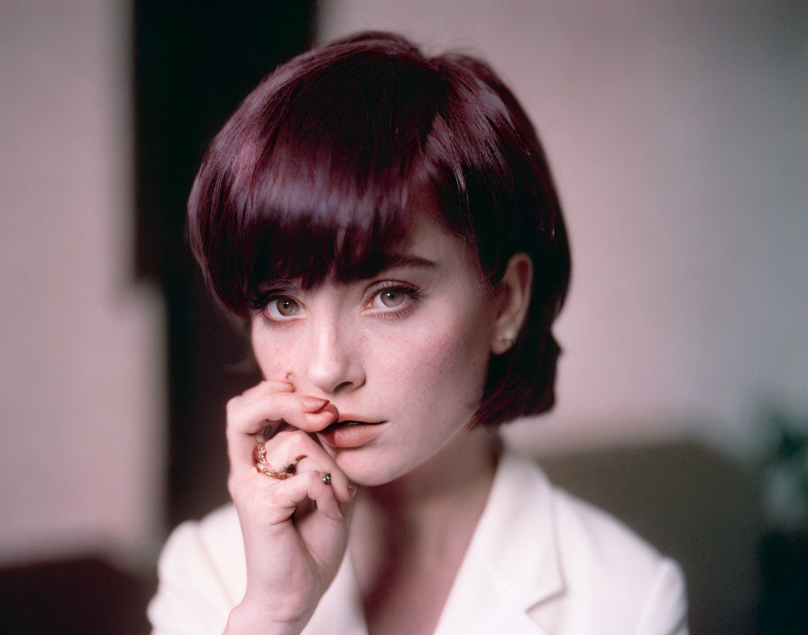 Freckled woman with auburn hair in white blazer and ring