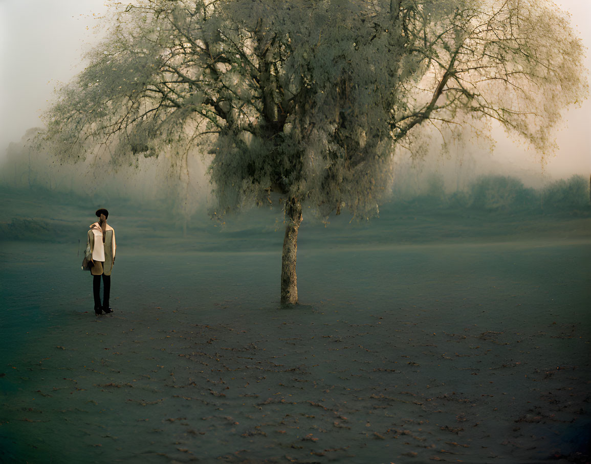 Solitary figure under large tree in misty twilight landscape