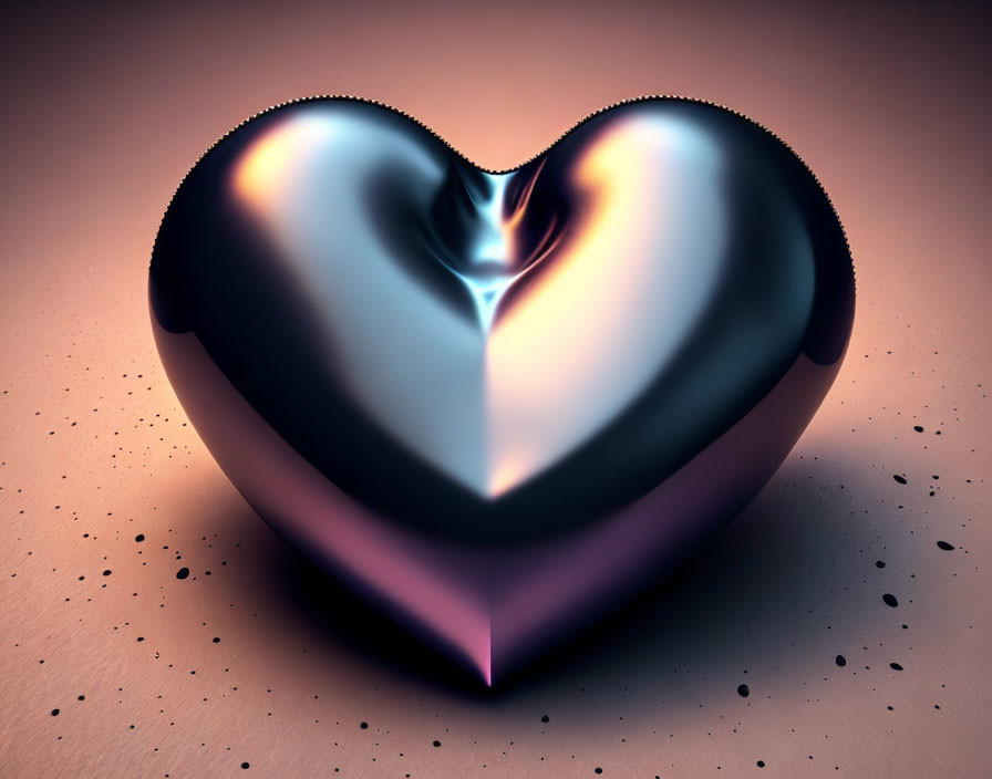 Shiny metallic heart casting soft shadows on smooth surface