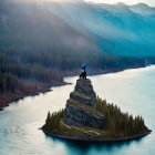 Person on Rock Pinnacle in Frozen Lake at Dusk