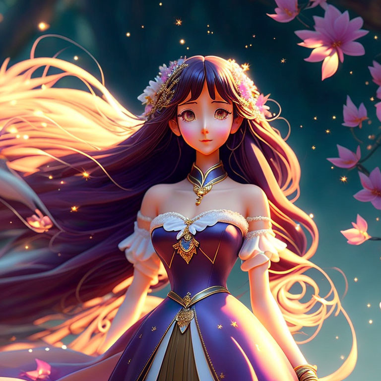 Illustration of female character in purple dress with flowing hair and floral crown surrounded by glowing petals