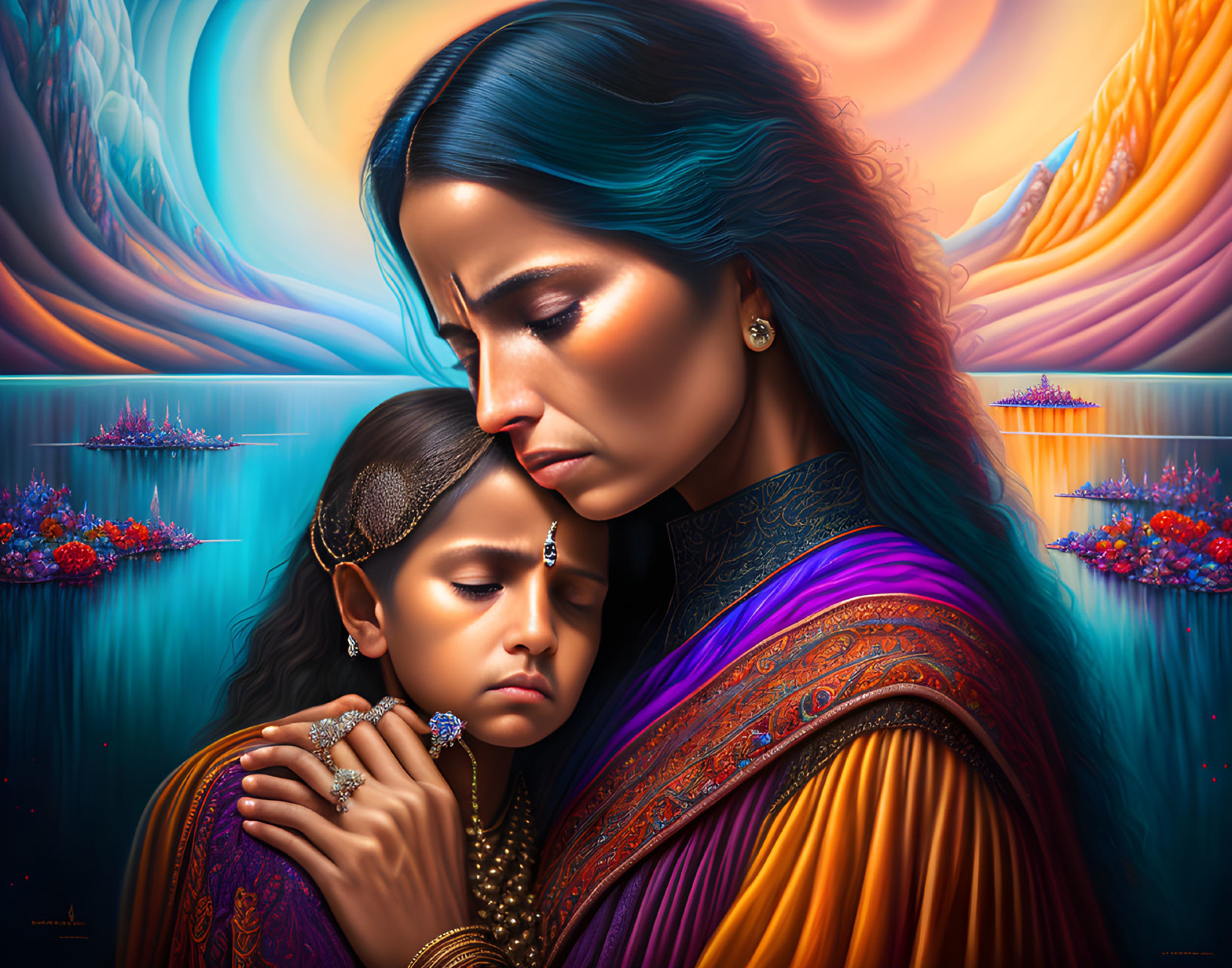 Vibrant digital painting of woman and child in traditional Indian attire