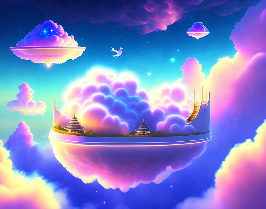 Digital Artwork: Floating Islands with Pagodas in Vibrant Sky