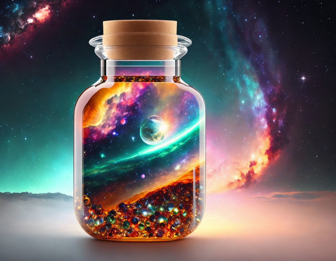 Glass jar with cork lid holding cosmic scene of stars, galaxies, and nebulae.