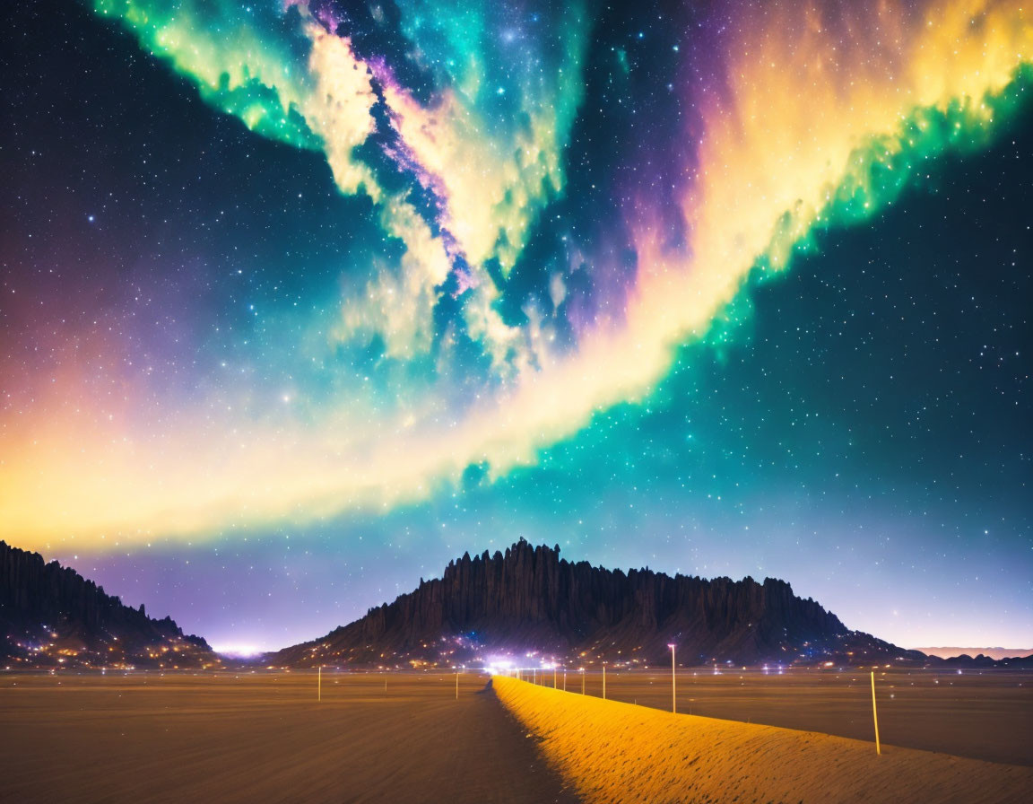 Colorful Aurora Borealis Over Silhouetted Trees and City Lights