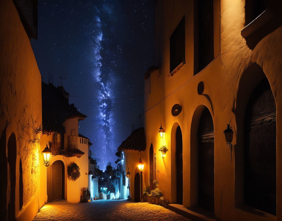 Old-town alley illuminated by warm streetlights with Milky Way galaxy above