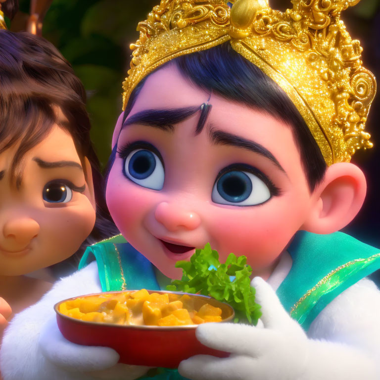 Two animated children in traditional attire, one with a crown, holding a bowl of food, against a