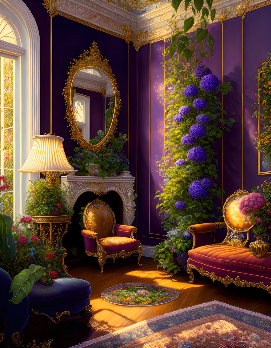 Luxurious Purple Room with Gold Trim, Fireplace, and Lush Greenery