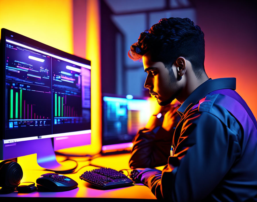 Man in dimly lit room analyzing data graphs on computer screen