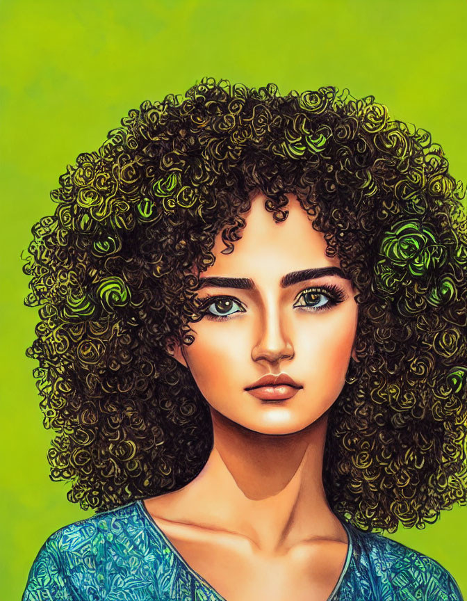 Voluminous curly hair woman with striking eyes on bright green background