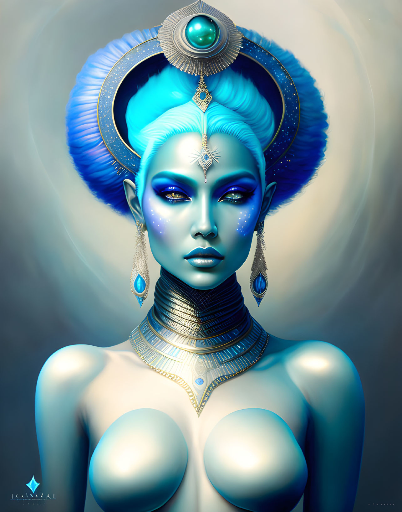 Blue-skinned female digital art portrait with exotic headdress and cosmic theme