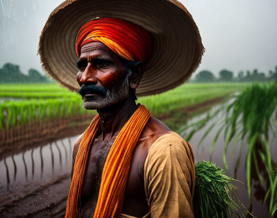 Farmer in traditional attire standing in rain-soaked paddy field