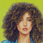 Voluminous curly hair woman with striking eyes on bright green background