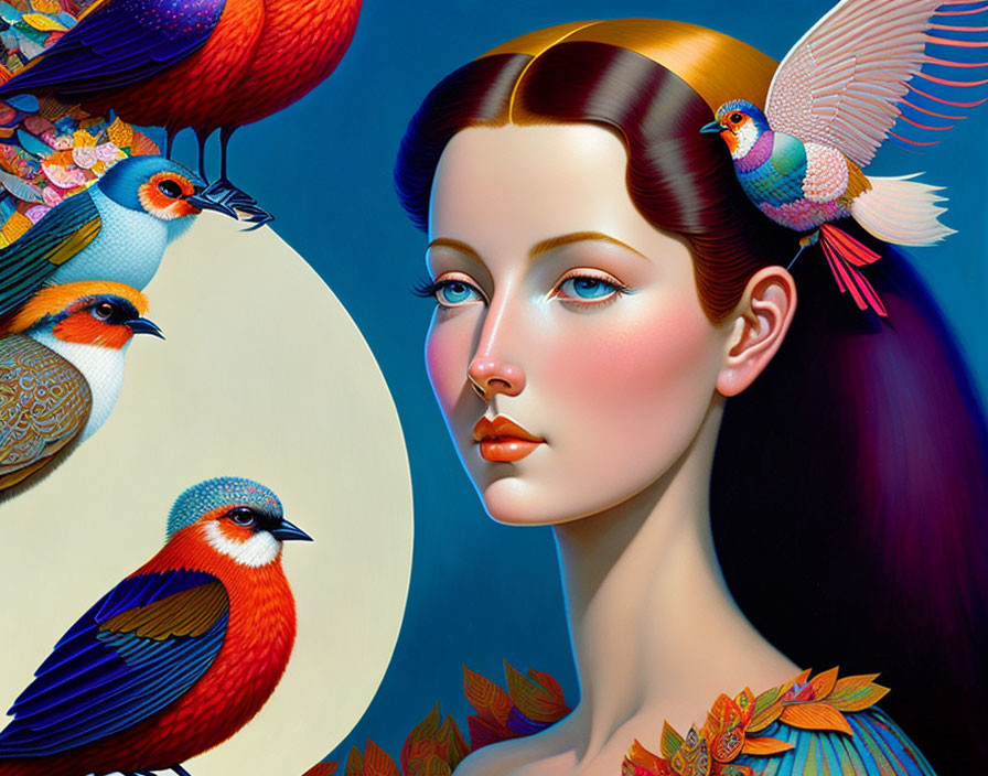 Illustrated woman with dark hair and colorful birds on blue background