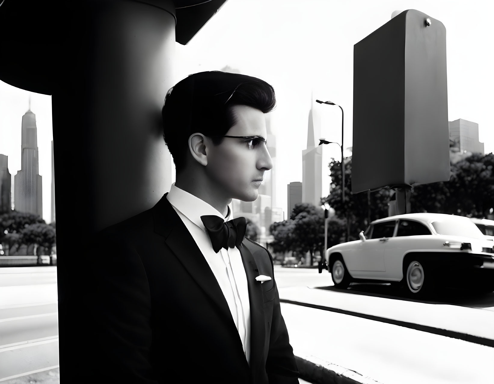 Monochrome image of man in suit and bow tie with vintage car and cityscape.