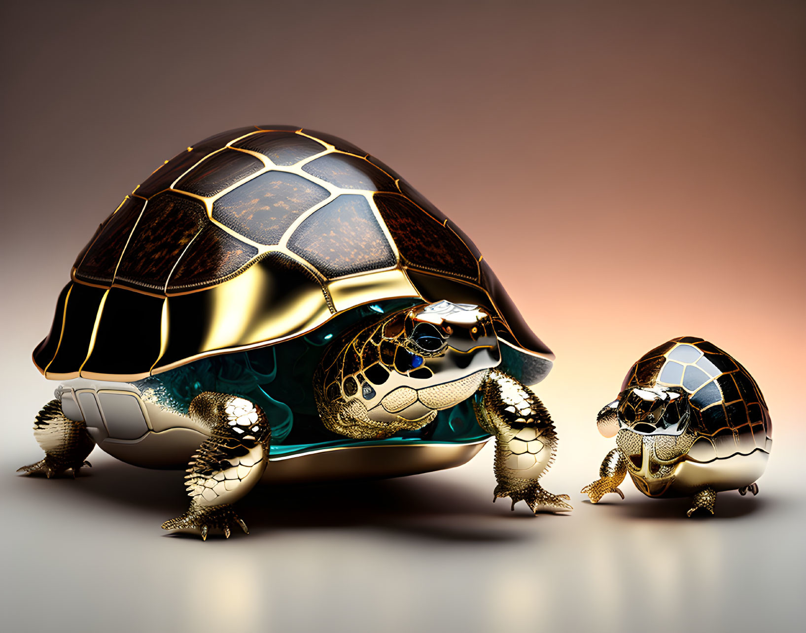 Metallic turtles with intricate patterns on gradient background