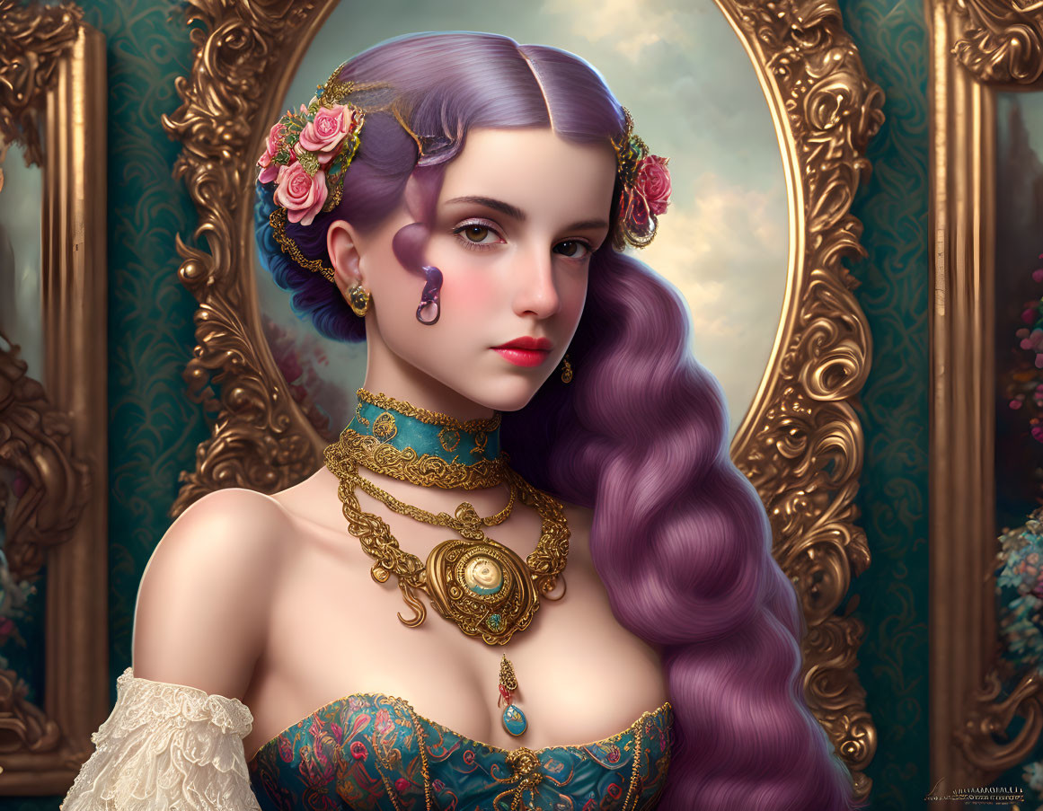 Illustrated portrait of woman with purple hair in Victorian dress and gold jewelry.