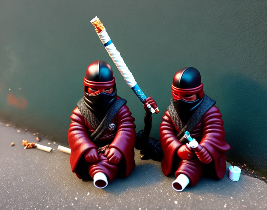 Toy ninja figures with weapons and food items on a surface