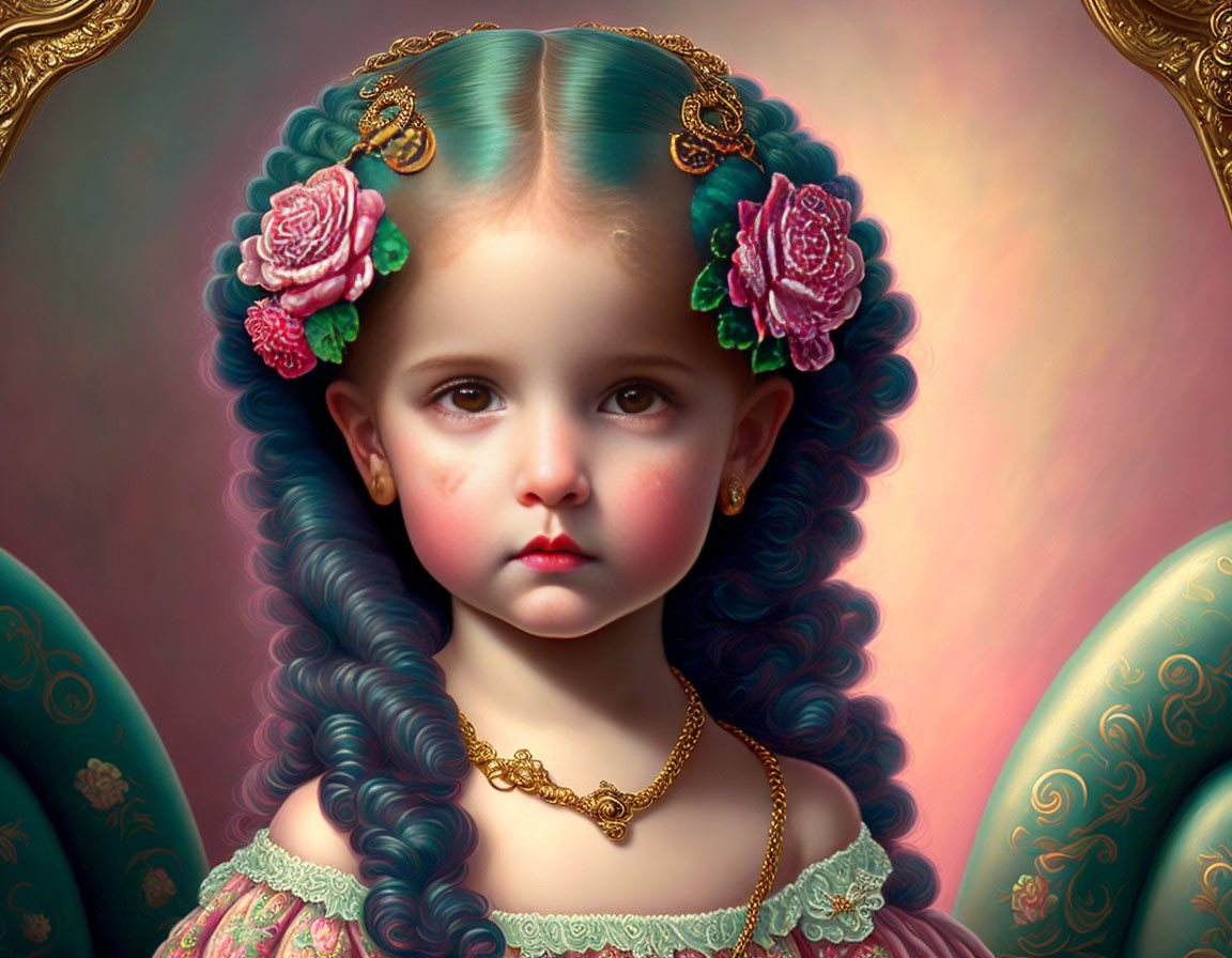 Digital artwork of a young girl in Victorian attire with roses in her braided hair