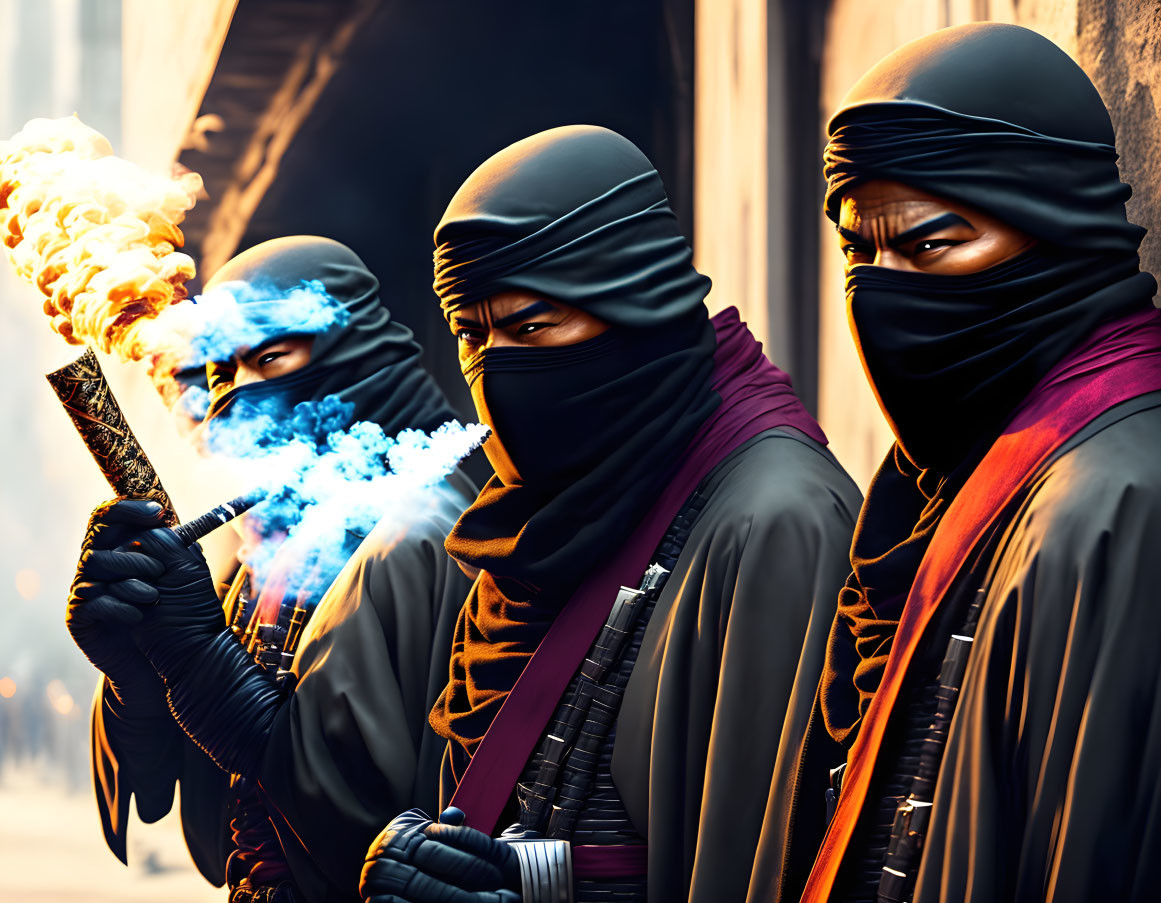 Three ninjas in action poses with torch and smoke