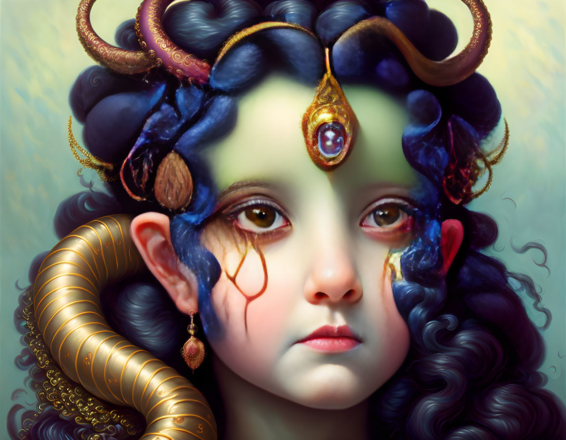 Blue-skinned child adorned with gold jewelry and horns, with a serpent around the neck