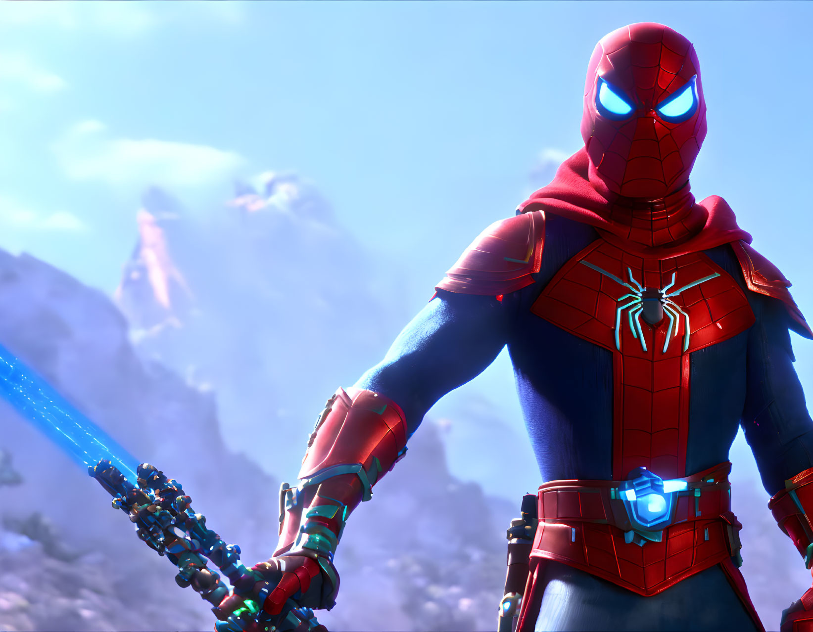 Stylized animated Spider-Man with futuristic weapon in rocky terrain