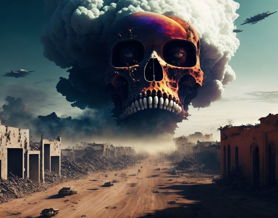 Colorful nebula effect on giant skull above war-torn street with aircraft