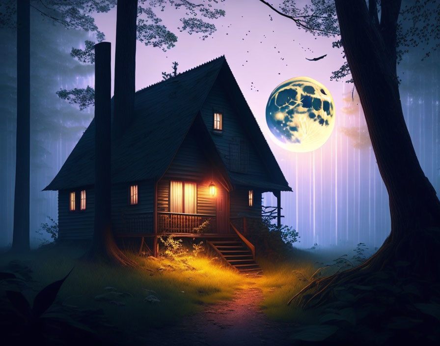 Cozy cabin in mystical forest under full moon