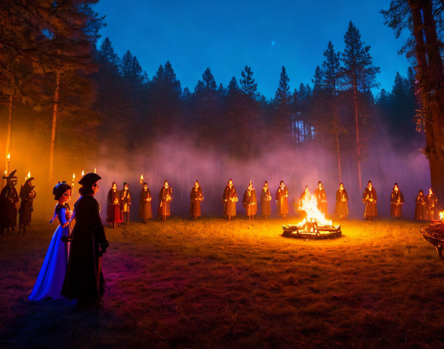 Mysterious group in cloaks around bonfire at night