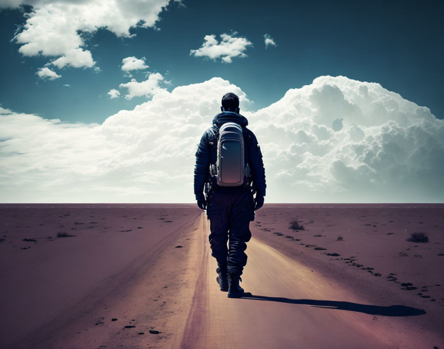 Lonely figure with backpack on deserted desert road under dramatic sky