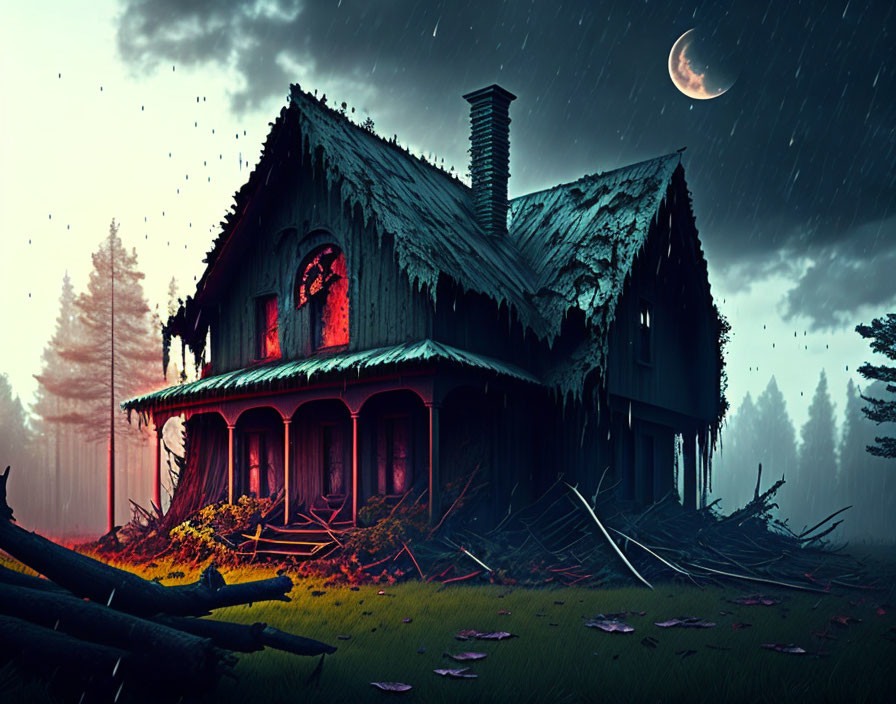 Spooky old house at night with red glow in dark woods