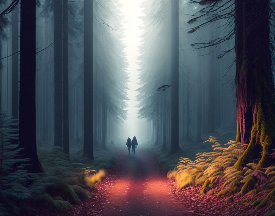 Misty forest path with two people walking under soft glowing light