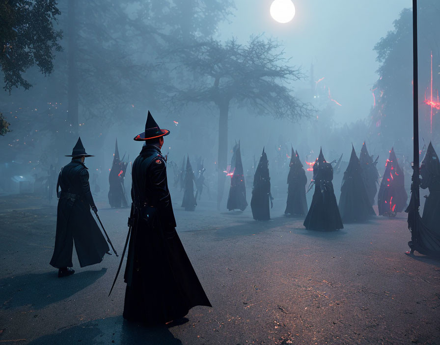 Mysterious figures in cloaks and pointed hats at dusk with red lights and dimly lit sky