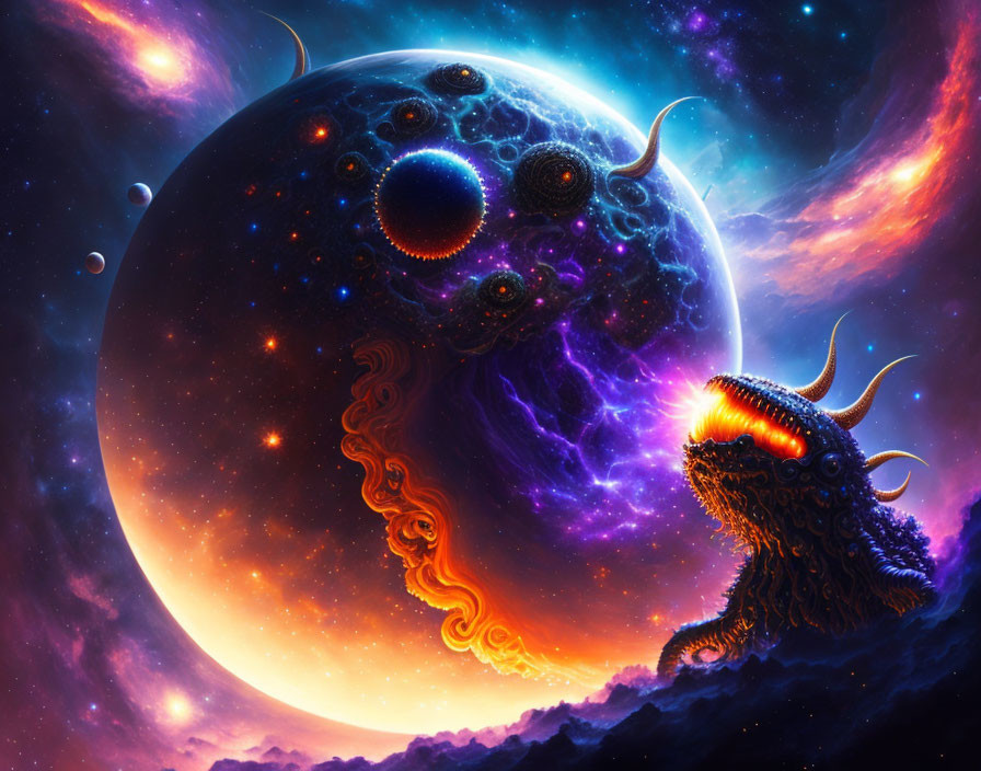 Colorful cosmic scene with otherworldly creature and fiery tones