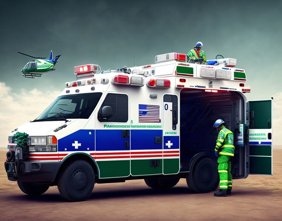 Ambulance with open doors, paramedics, and helicopter in the background