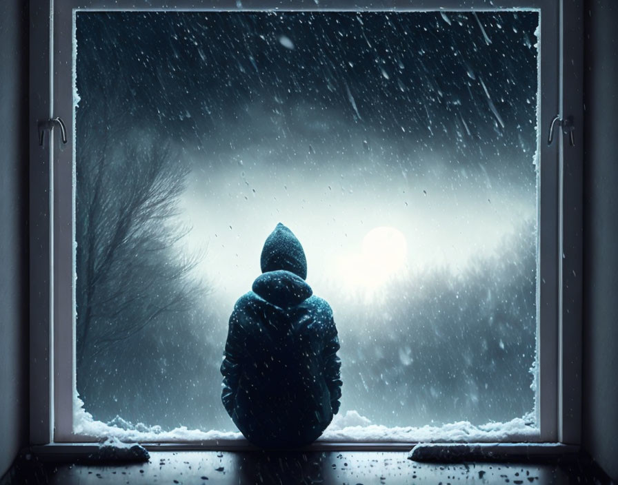 Person in hooded jacket gazes at snowy landscape from windowsill