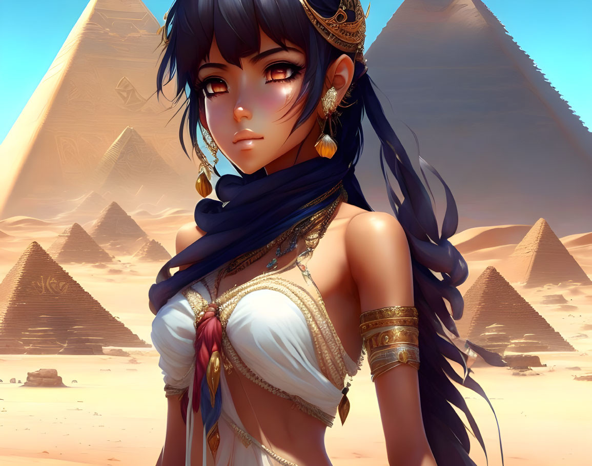 Dark-haired female character in white top and blue scarf with pyramids.