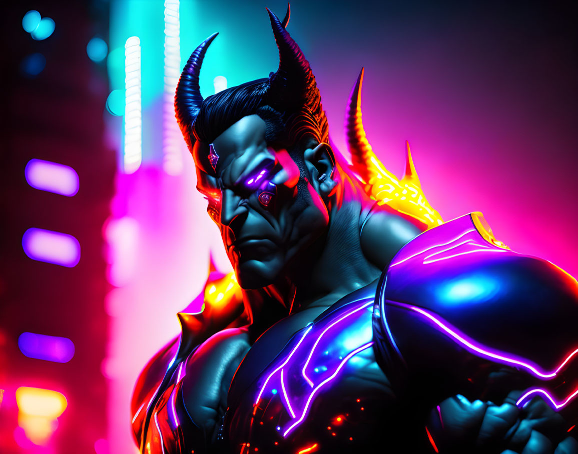 Muscular superhero with glowing outlines in neon-lit cityscape