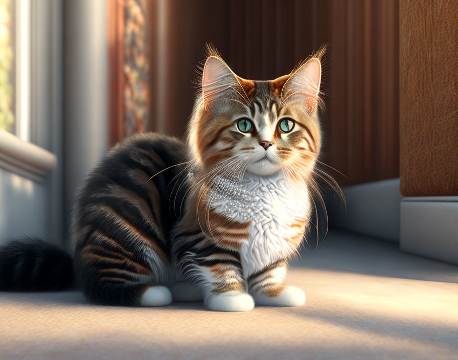 Tabby Cat with White Chest and Paws Wearing Pearl Necklace Sit by Sunlit Window