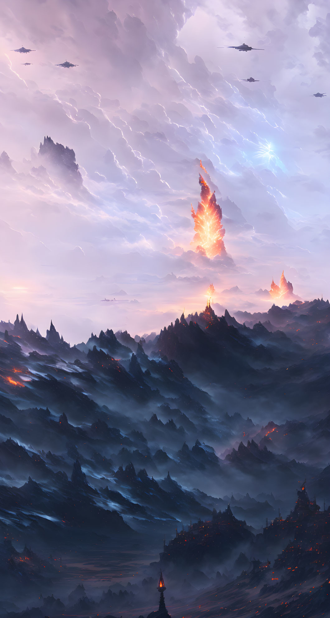 Fantastical landscape with towering peaks and fiery eruptions